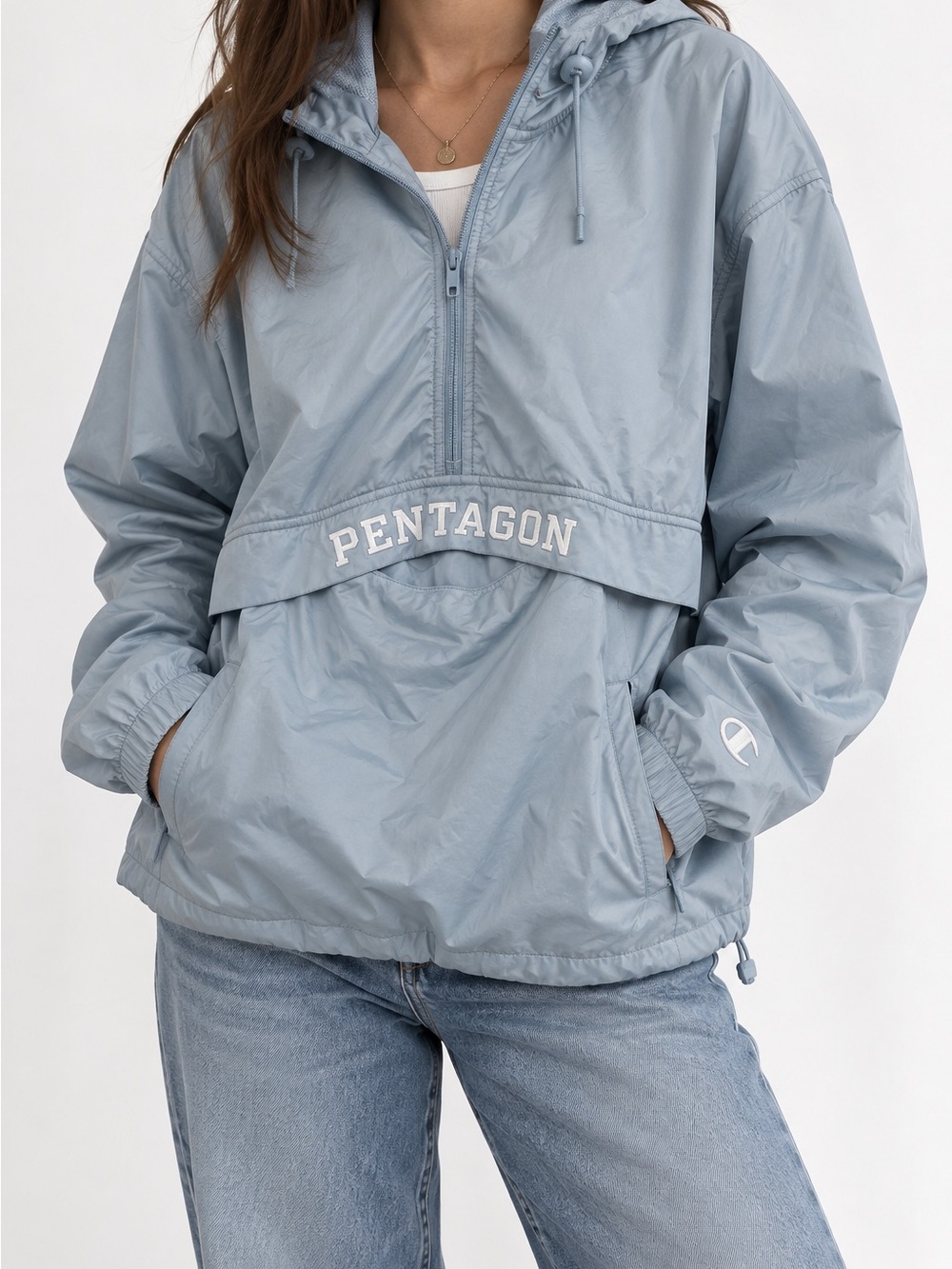 Champion Pentagon Large Light Blue Packable Anorak Hooded Windbreaker Jacket